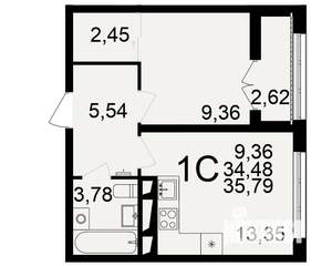 1-к квартира, строящийся дом, 34м2, 18/18 этаж