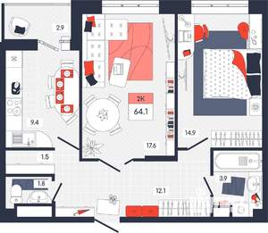 2-к квартира, вторичка, 64м2, 14/14 этаж