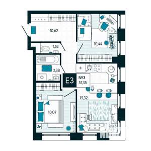 2-к квартира, вторичка, 51м2, 1/15 этаж