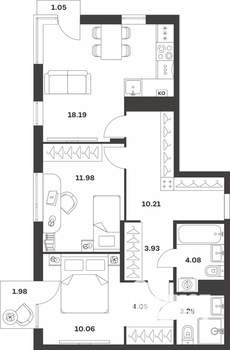 2-к квартира, вторичка, 69м2, 3/4 этаж