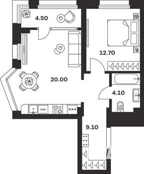 1-к квартира, строящийся дом, 50м2, 3/24 этаж