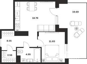 1-к квартира, вторичка, 53м2, 1/4 этаж