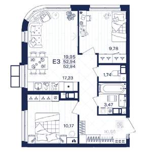 2-к квартира, строящийся дом, 53м2, 7/15 этаж
