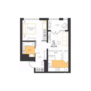 1-к квартира, строящийся дом, 44м2, 1/5 этаж