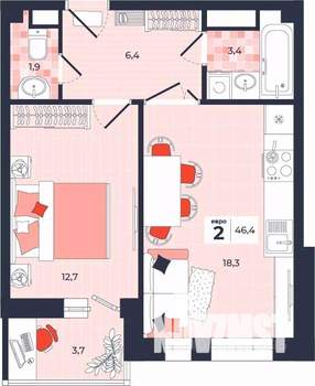 2-к квартира, строящийся дом, 46м2, 14/14 этаж