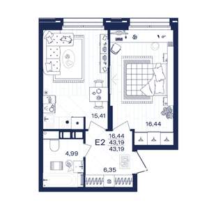 1-к квартира, строящийся дом, 43м2, 5/15 этаж