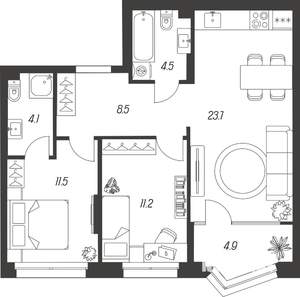 3-к квартира, строящийся дом, 68м2, 8/24 этаж