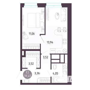 1-к квартира, строящийся дом, 39м2, 5/10 этаж