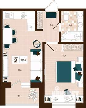 2-к квартира, строящийся дом, 40м2, 8/14 этаж