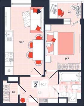 2-к квартира, вторичка, 41м2, 13/14 этаж