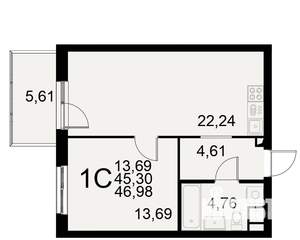 1-к квартира, вторичка, 45м2, 1/11 этаж