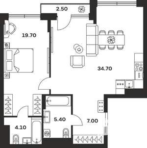 1-к квартира, вторичка, 73м2, 6/9 этаж