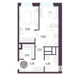 1-к квартира, строящийся дом, 39м2, 5/10 этаж