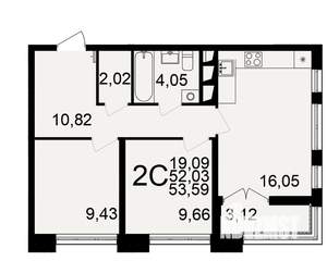 2-к квартира, строящийся дом, 52м2, 2/18 этаж
