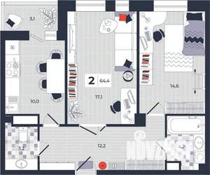 2-к квартира, строящийся дом, 64м2, 12/14 этаж