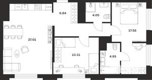 2-к квартира, строящийся дом, 77м2, 10/25 этаж
