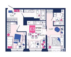 2-к квартира, вторичка, 55м2, 25/25 этаж