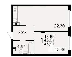 1-к квартира, строящийся дом, 46м2, 3/9 этаж