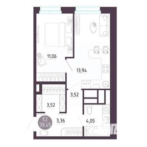 1-к квартира, строящийся дом, 39м2, 3/10 этаж