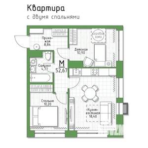 2-к квартира, строящийся дом, 53м2, 2/5 этаж
