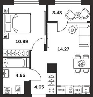 1-к квартира, вторичка, 38м2, 1/15 этаж