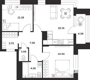2-к квартира, вторичка, 66м2, 7/16 этаж