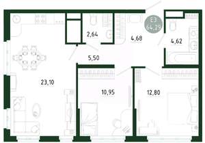 2-к квартира, строящийся дом, 64м2, 19/25 этаж