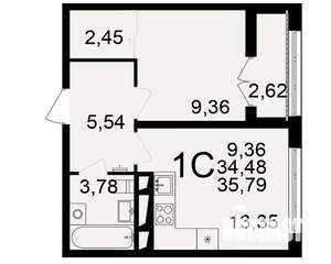 1-к квартира, строящийся дом, 34м2, 15/18 этаж