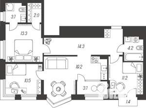 3-к квартира, строящийся дом, 84м2, 12/24 этаж