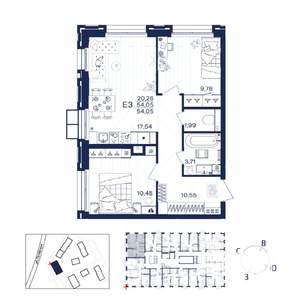 2-к квартира, строящийся дом, 54м2, 2/15 этаж