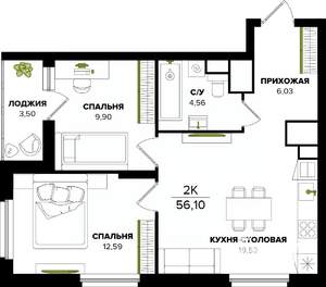 2-к квартира, строящийся дом, 56м2, 18/25 этаж