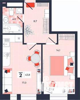 2-к квартира, строящийся дом, 44м2, 4/14 этаж