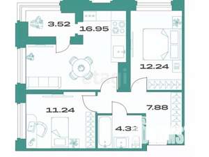 2-к квартира, вторичка, 56м2, 8/16 этаж