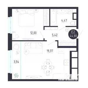 1-к квартира, строящийся дом, 45м2, 3/8 этаж