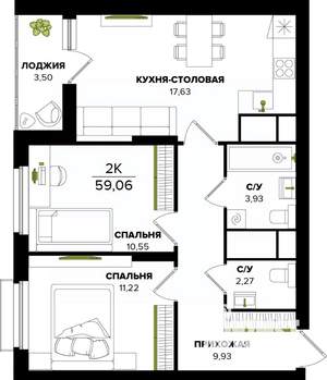 2-к квартира, строящийся дом, 59м2, 2/25 этаж