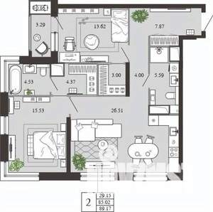 2-к квартира, вторичка, 89м2, 10/21 этаж