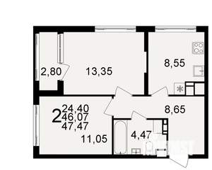 2-к квартира, строящийся дом, 46м2, 2/20 этаж