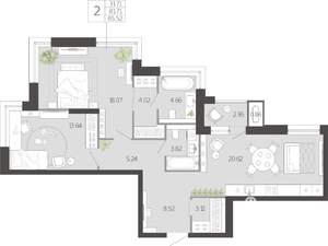 2-к квартира, вторичка, 86м2, 1/21 этаж