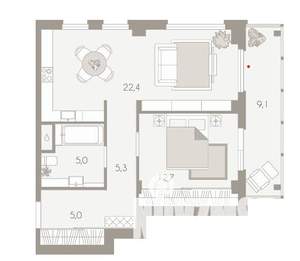 1-к квартира, вторичка, 60м2, 6/9 этаж