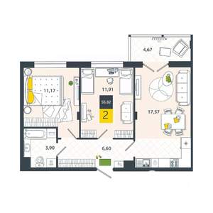 2-к квартира, вторичка, 56м2, 5/8 этаж