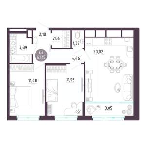 2-к квартира, строящийся дом, 61м2, 10/10 этаж