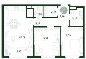 2-к квартира, строящийся дом, 66м2, 18/25 этаж