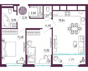 2-к квартира, вторичка, 61м2, 2/10 этаж