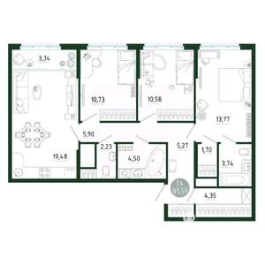 3-к квартира, строящийся дом, 86м2, 16/25 этаж