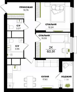 2-к квартира, строящийся дом, 61м2, 2/25 этаж