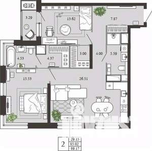 2-к квартира, вторичка, 89м2, 15/21 этаж