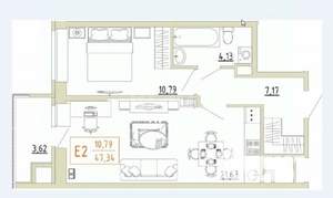 2-к квартира, вторичка, 47м2, 10/22 этаж