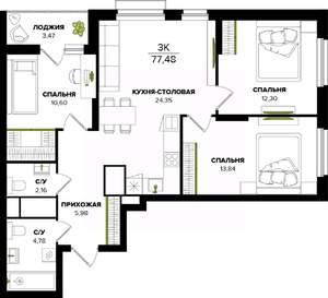 3-к квартира, вторичка, 77м2, 12/25 этаж