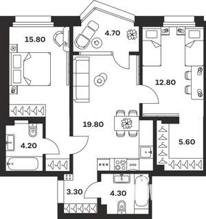 3-к квартира, строящийся дом, 71м2, 15/24 этаж