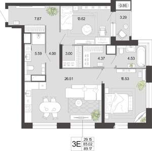 2-к квартира, вторичка, 89м2, 16/21 этаж
